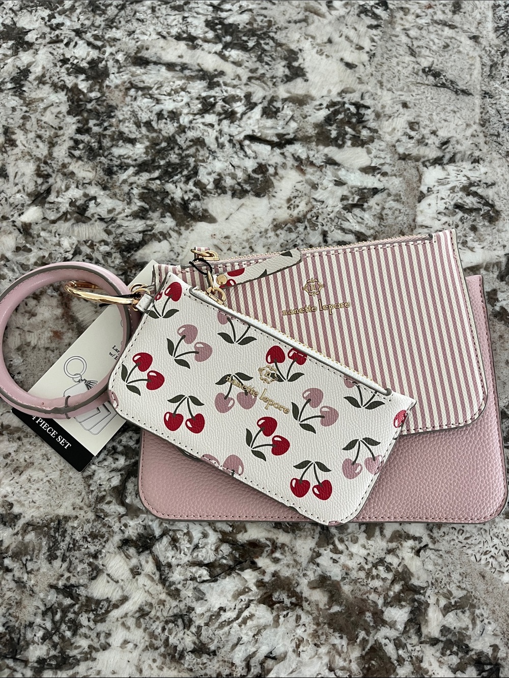 Nanette Lepore Pink Cherry Print Wristlet Set with Gold Hardware